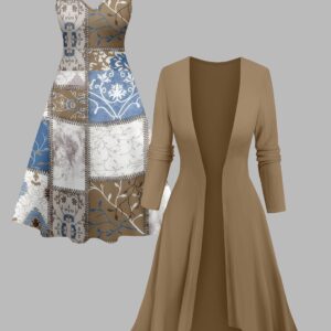 Elegant 2-Piece Women’s Set – Solid Color Long Coat with Contrast Suspender Dress, Stylish Fall/Winter Outfit