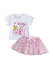 Baby Girl Birthday Outfit, 2-Piece Set with Embroidered Letter T-Shirt & Glitter Tulle Skirt ,Toddler Party Clothes
