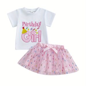 Baby Girl Birthday Outfit, 2-Piece Set with Embroidered Letter T-Shirt & Glitter Tulle Skirt ,Toddler Party Clothes