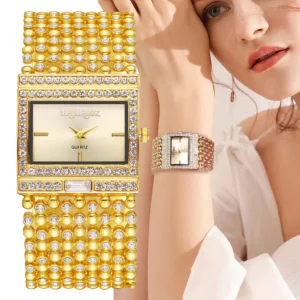 UTHAI W25 Women’s Square Quartz Watch Fashion Brand Light Luxury Stainless Steel Bracelet Girls’ Diamond Inlaid Wristwatches