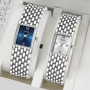 LIGE Luxury Silver Square Women’s Watch – Fashion Quartz Stainless Steel Wristwatch