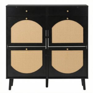 Rattan Shoe Cabinet With 2 Drawers And 4 Flip-tops, Made Of Particleboard, 105*24*110cm, Black