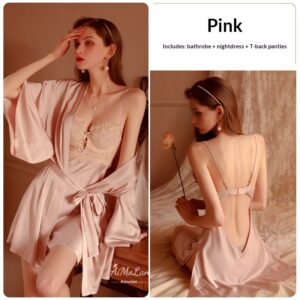 Womens Plus-Size Lace Ice Silk Underwire Camisole Bathrobe Set