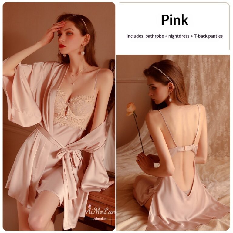 Womens Plus-Size Lace Ice Silk Underwire Camisole Bathrobe Set