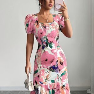 Womens Retro Square-Neck Puff-Sleeve Waist-Cinching Ruffle-Trim Dress