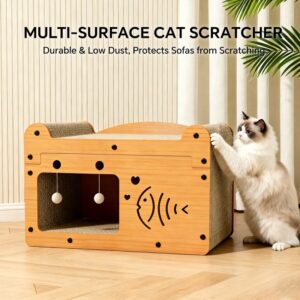 56cm Bubble Fish Shape Cat Scratcher Sofa, With 2 Teaser Balls, Wood -Corrugated Scratcher, Cat Claw Care – Resting Toy