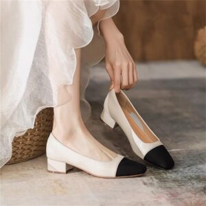 Womens French-style Soft Leather Patchwork Chanel-inspired Chunky-heel Square-toe Pumps