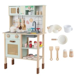 Green Wooden Children's Play Kitchen, Interactive Light&sound Stove, With Microwave&oven&blackboard Storage Options
