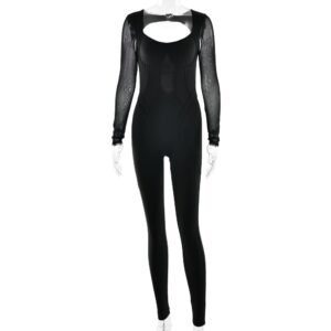 Womens Solid-Color High-Elastic Tight-Fitting Long-Sleeve Sports Jumpsuit