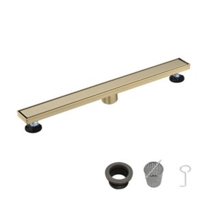 28 Inch Linear Shower Drain With 2-in-1 Flat & Tile Insert Removable Cover, 304 Stainless Steel With Hair Strainer And Leveling Feet, Brushed Gold