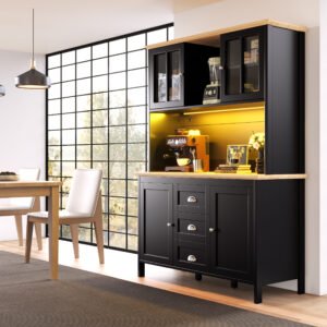 Sideboard, Storage Cabinet, Kitchen Cabinet, Tall Sideboard With LED Lighting, 120x40x179 Cm, 4 Doors & 3 Drawers, White Black