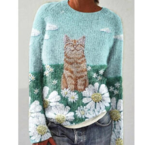 Womens 3D Digital-Print Crew-Neck Long-Sleeve Sweatshirt Top