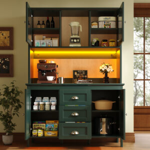 Sideboard, Storage Cabinet, Kitchen Cabinet, Tall Sideboard With LED Lighting, 120x40x179 Cm, 4 Doors & 3 Drawers, Black Green