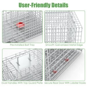 1Pc Humane Cat Trap Cage With Gloves Catch Release Live Animal Rodent Cage Collapsible Galvanized Wire For Raccoons Beavers Groundhogs Foxes Armadillos