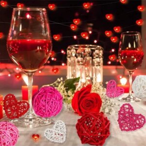 24 Pcs Natural Rattan Hanging Ornaments Heart & Round Shaped Wicker Balls For Valentine’s Day Shower Wedding Party Decorations
