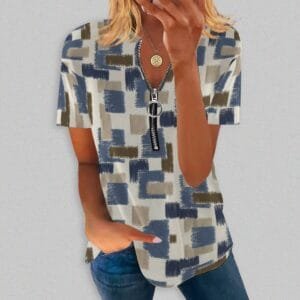 Diamond-check Print Zip-up Shirt With A Crew Neck And Short Sleeves