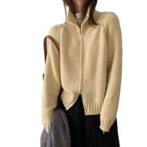 Loose-fitting Simple Stand-collar Laid-back Knit Cardigan Top