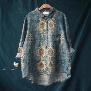 Retro-printed Relaxed-fit Womens Long-sleeve Shirt A Versatile Casual Top