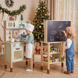 Green Wooden Children's Play Kitchen, Interactive Light&sound Stove, With Microwave&oven&blackboard Storage Options