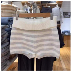 Womens White-Striped Knitted High-Waist Straight Shorts