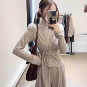 Design-inspired Strap-wrapped Fitted Long-sleeved Top With Wide-leg Pants Set