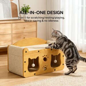 56cm Extra Large Chinese Style Double Door Cat Scratcher Sofa With Cat Head Design, With Free Catnip, For Cats Up To 20lbs