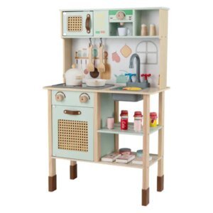 Green Wooden Children's Play Kitchen, Interactive Light&sound Stove, With Microwave&oven&blackboard Storage Options