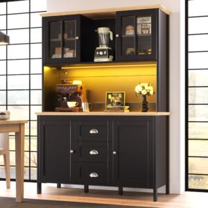 Sideboard, Storage Cabinet, Kitchen Cabinet, Tall Sideboard With LED Lighting, 120x40x179 Cm, 4 Doors & 3 Drawers, White Black