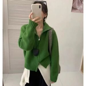Loose-fitting Simple Stand-collar Laid-back Knit Cardigan Top