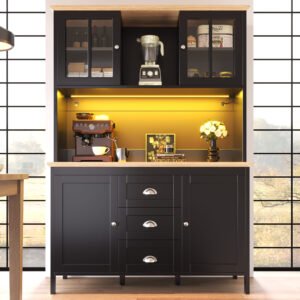 Sideboard, Storage Cabinet, Kitchen Cabinet, Tall Sideboard With LED Lighting, 120x40x179 Cm, 4 Doors & 3 Drawers, White Black