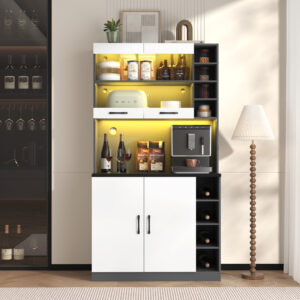 Kitchen Tall Cabinet, Pantry With LED Ambient Lighting, Wooden Kitchen Cupboard, Large Space For Microwave, Freestanding, Height-adjustable Side Storage Shelves
