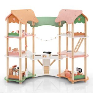 3-Tier Dollhouse With 7 Rooms & 31 Cute Furniture, MDF&Pine Wood Corner Design Kids Toy