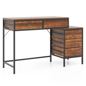 Home Office Dual Desktop Desk With 5 Storage Drawers, Powder-Coated Metal Frame Engineered Wood