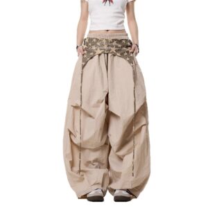 Womens Relaxed Casual American-style Layered Design Cargo Pants With Tie Details