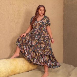Womens Plus-Size Bohemian V-Neck Printed Short-Sleeve Dress