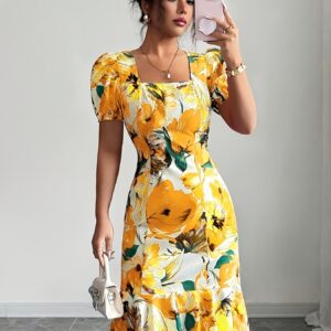 Womens Retro Square-Neck Puff-Sleeve Waist-Cinching Ruffle-Trim Dress