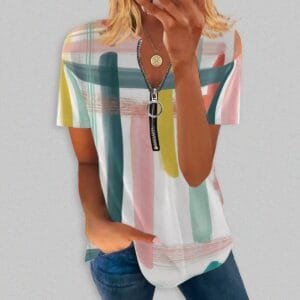 Diamond-check Print Zip-up Shirt With A Crew Neck And Short Sleeves