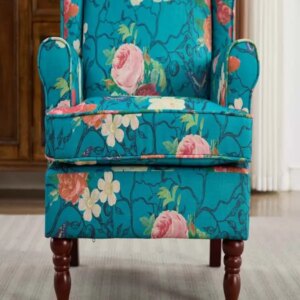 Modern Accent Chair With Retro Wood Legs, Comfy Upholstered Armchair, Floral Design Single Sofa Chair For Living Room Bedroom Office - Floral Cyan