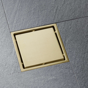 6 Inch Square Shower Drain With 2-in-1 Flat & Tile Insert Removable Cover, 304 Stainless Steel With Flange And Hair Strainer, Brushed Gold