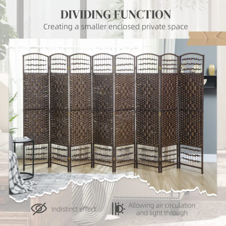 8 Panel Folding Room Divider Portable Privacy Screen Wave Fiber Room Partition For Home Office Brown