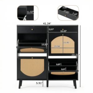 Rattan Shoe Cabinet With 2 Drawers And 4 Flip-tops, Made Of Particleboard, 105*24*110cm, Black