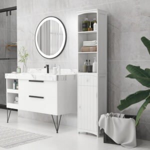 Bathroom Storage Cabinet, Free Standing Bathroom Storage Unit, Tall Linen Tower With 3-Tier Shelves And Drawer, White