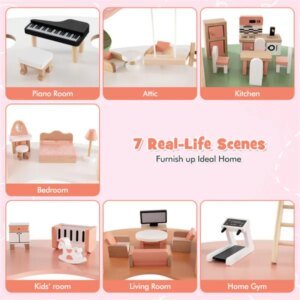 3-Tier Dollhouse With 7 Rooms & 31 Cute Furniture, MDF&Pine Wood Corner Design Kids Toy