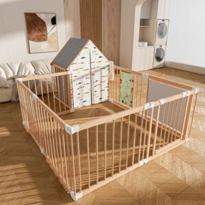 Natural Wood Baby Playpen 10 Panel Foldable Play Yard With Door Panel And Built-in Toys Easy To Assemble Foldable Assembled Into Various Shapes Includes Two Play Panels And Playhouse