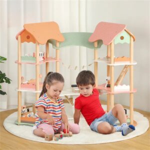 3-Tier Dollhouse With 7 Rooms & 31 Cute Furniture, MDF&Pine Wood Corner Design Kids Toy