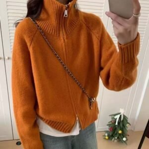 Loose-fitting Simple Stand-collar Laid-back Knit Cardigan Top