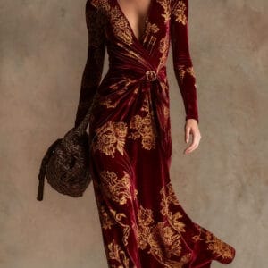 3D Geometric Line Pattern V-Neck Long-Sleeve Womens Dress