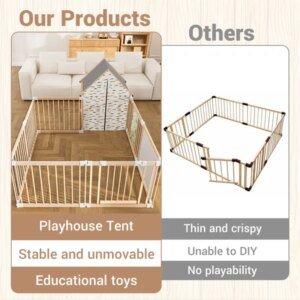 Natural Wood Baby Playpen 10 Panel Foldable Play Yard With Door Panel And Built-in Toys Easy To Assemble Foldable Assembled Into Various Shapes Includes Two Play Panels And Playhouse