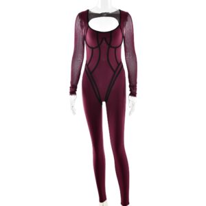 Womens Solid-Color High-Elastic Tight-Fitting Long-Sleeve Sports Jumpsuit