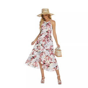 Fashionable Printed Halterneck Sleeveless Lace-Up Dress